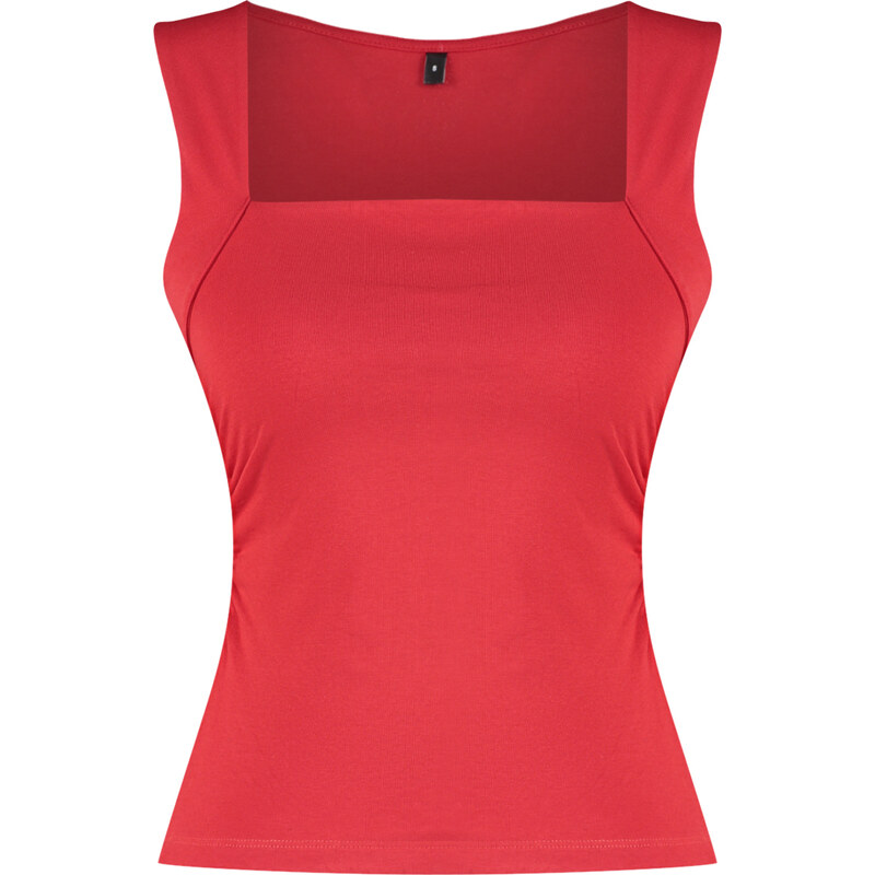 Trendyol Red Plain Square Neck Strappy Gathered Knitted Blouse