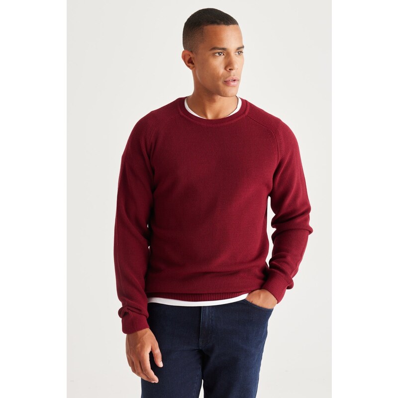 AC&Co / Altınyıldız Classics Men's Burgundy Standard Fit Regular Fit Crew Neck Patterned Knitwear Sweater