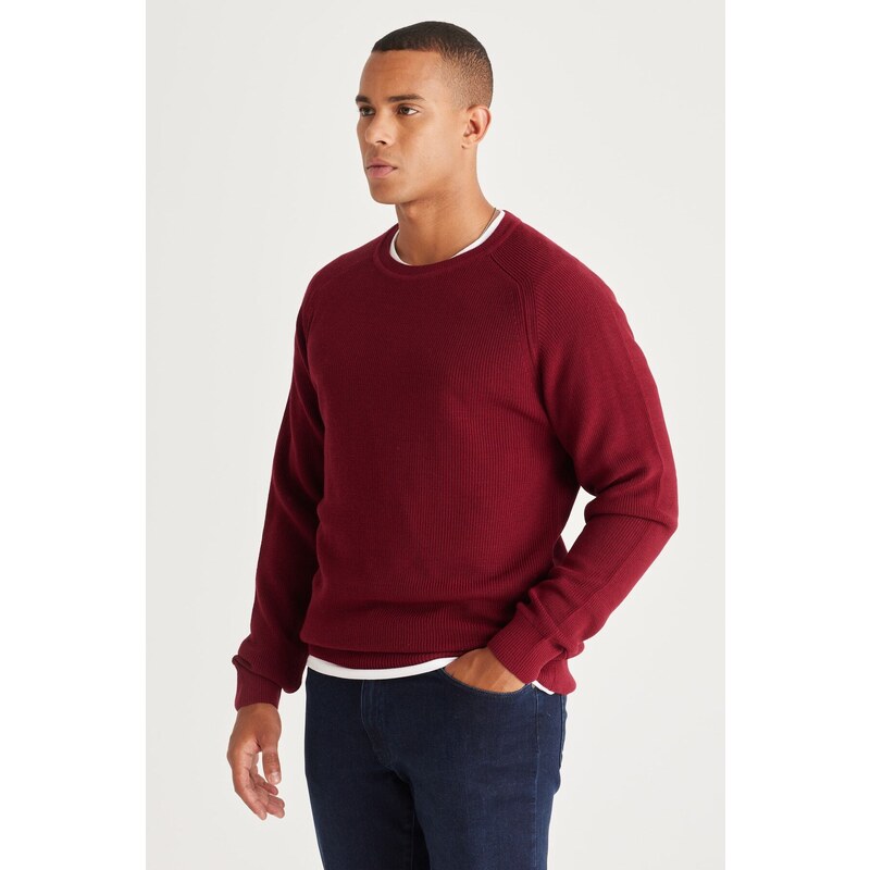 AC&Co / Altınyıldız Classics Men's Burgundy Standard Fit Regular Fit Crew Neck Patterned Knitwear Sweater