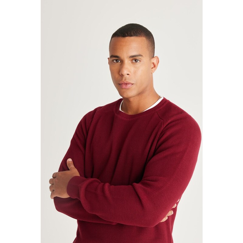 AC&Co / Altınyıldız Classics Men's Burgundy Standard Fit Regular Fit Crew Neck Patterned Knitwear Sweater