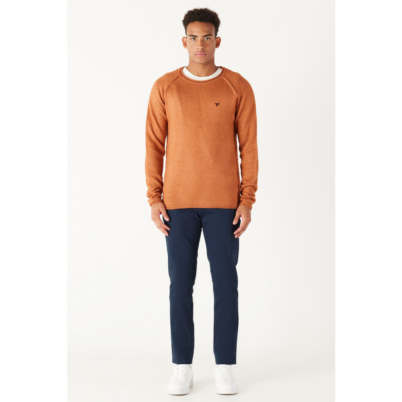 AC&Co / Altınyıldız Classics Men's Cinnamon Standard Fit Regular Cut Crew Neck Ruffled Soft Textured Knitwear Sweater