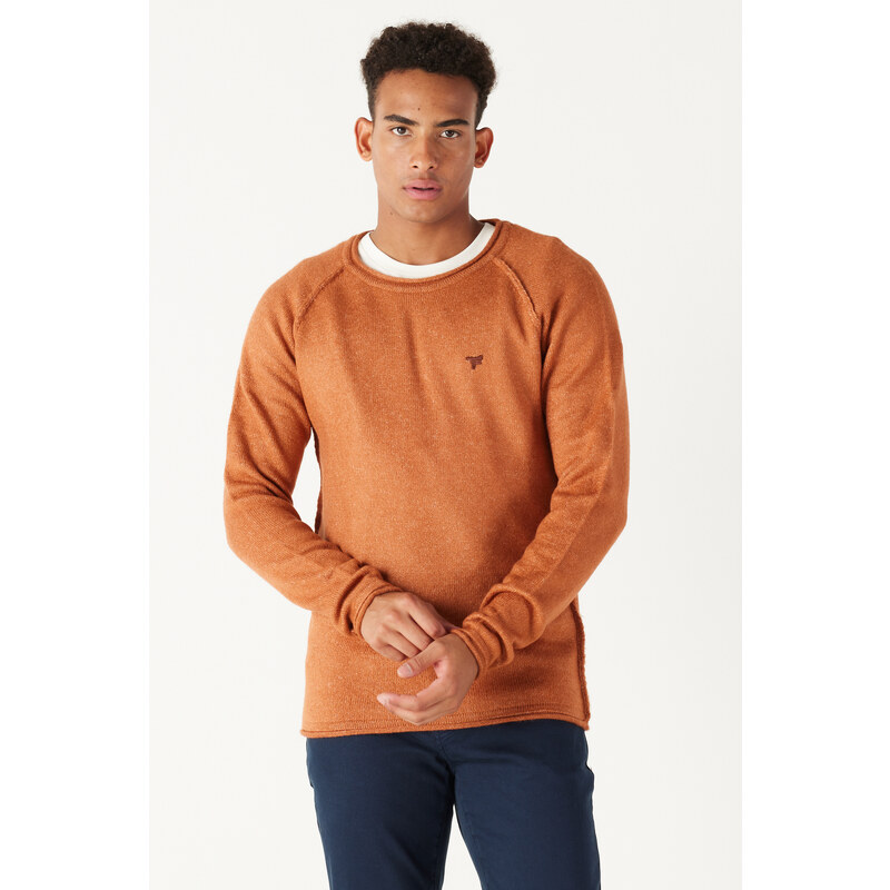 AC&Co / Altınyıldız Classics Men's Cinnamon Standard Fit Regular Cut Crew Neck Ruffled Soft Textured Knitwear Sweater