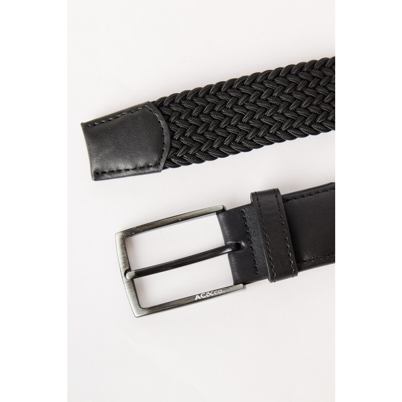 AC&Co / Altınyıldız Classics Men's Black Casual Faux Leather Knitted Jean Denim Belt