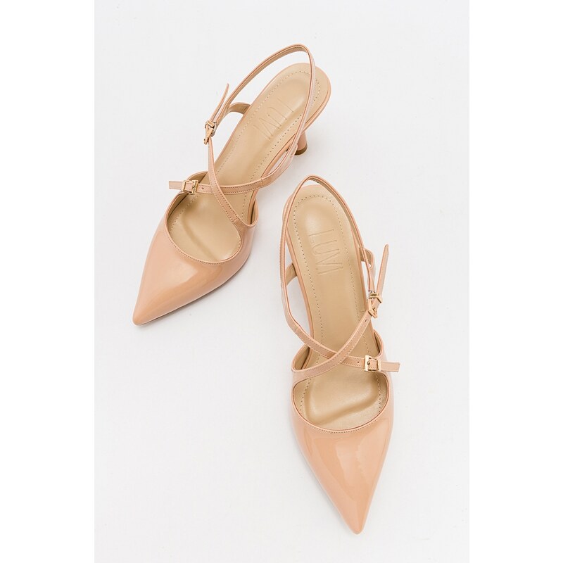 LuviShoes COJE Beige Patent Leather Women's Pointed Toe Thin Heel Shoes