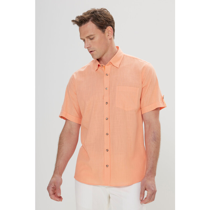 AC&Co / Altınyıldız Classics Men's Orange Comfort Fit Button-down Collar Linen Look 100% Cotton Short Sleeve Shirt.