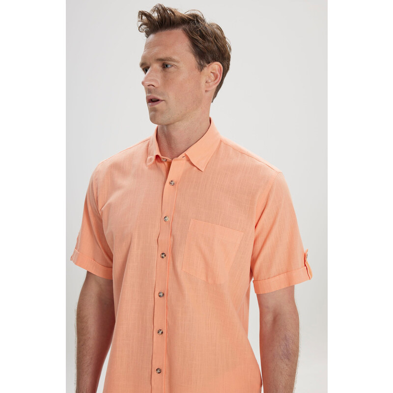 AC&Co / Altınyıldız Classics Men's Orange Comfort Fit Button-down Collar Linen Look 100% Cotton Short Sleeve Shirt.