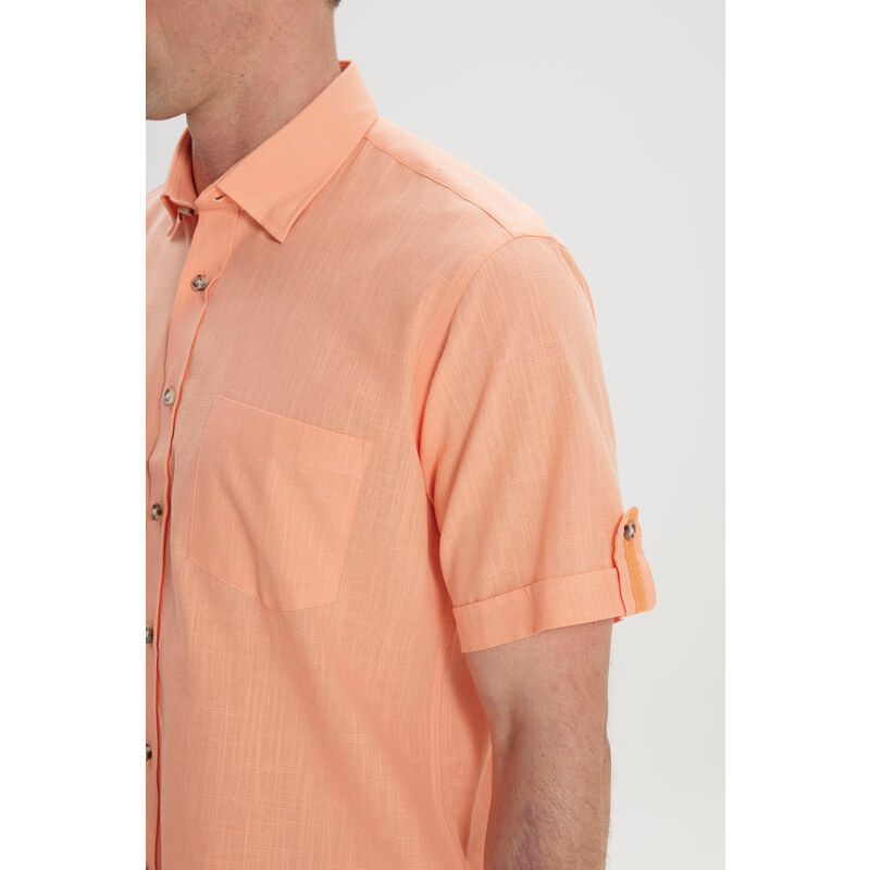 AC&Co / Altınyıldız Classics Men's Orange Comfort Fit Button-down Collar Linen Look 100% Cotton Short Sleeve Shirt.