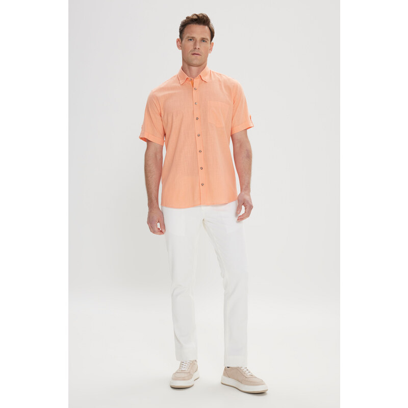 AC&Co / Altınyıldız Classics Men's Orange Comfort Fit Button-down Collar Linen Look 100% Cotton Short Sleeve Shirt.