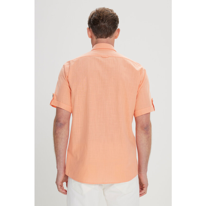 AC&Co / Altınyıldız Classics Men's Orange Comfort Fit Button-down Collar Linen Look 100% Cotton Short Sleeve Shirt.