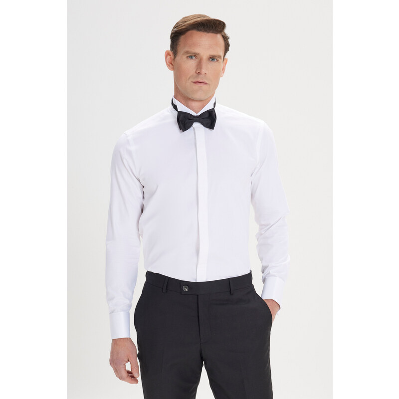 ALTINYILDIZ CLASSICS Men's White Shirt with Wrinkle-Free Fabric, Slim Fit, Fitted Fit 100% Cotton, Black Detailed, Collar Collar.