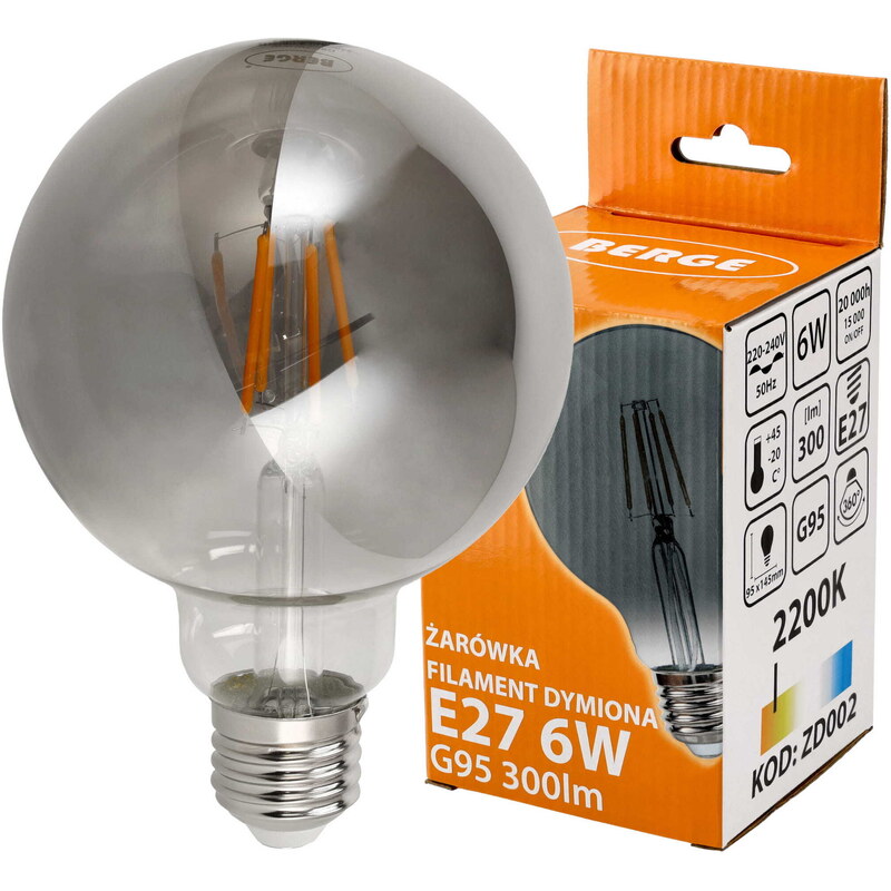 BERGE LED žárovka G95 - E27 - 6W - FILAMENT - kouřová - teplá bílá