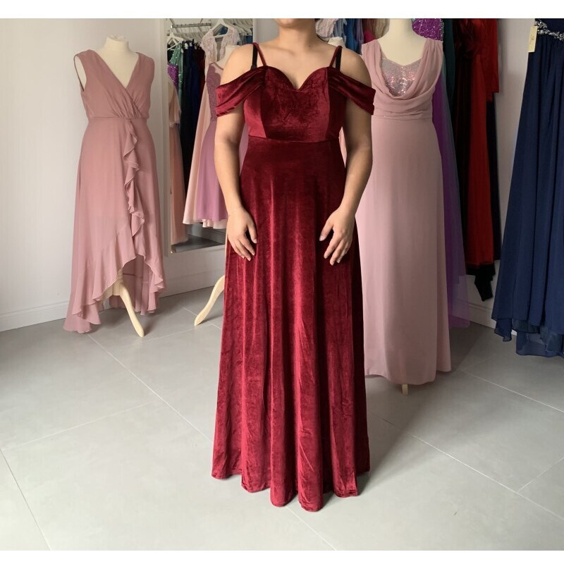 Marizu shop Krásné tmavě červené sametové plesové společenské šaty se spadlými rameny