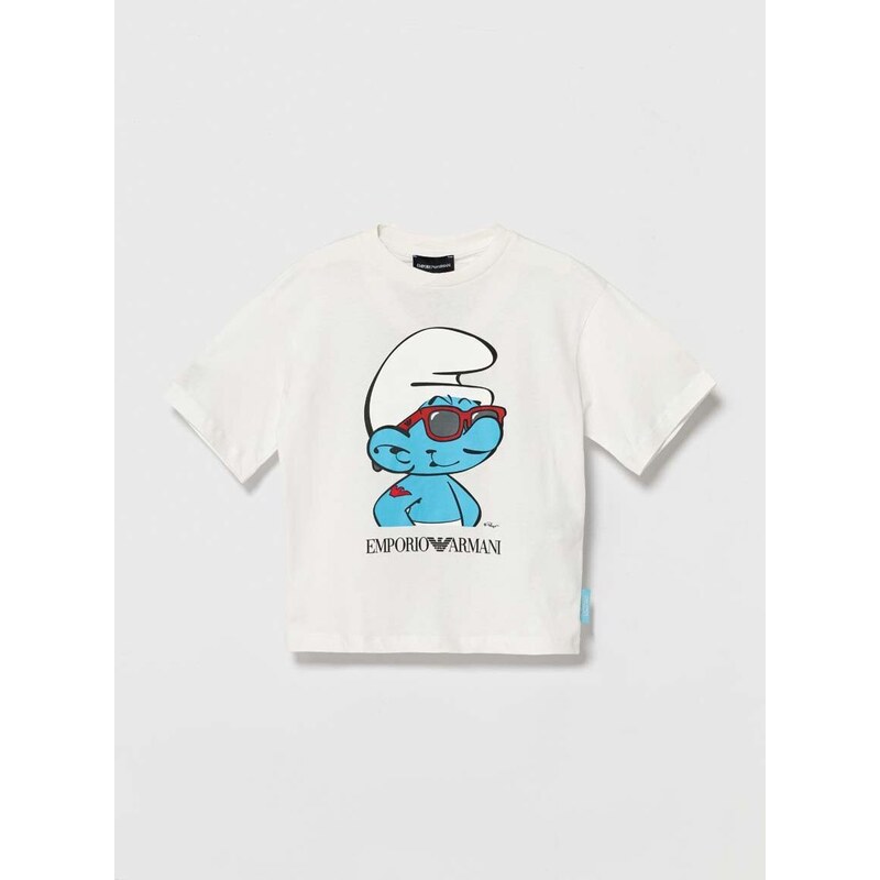 Dětské bavlněné tričko Emporio Armani The Smurfs bílá barva, s potiskem