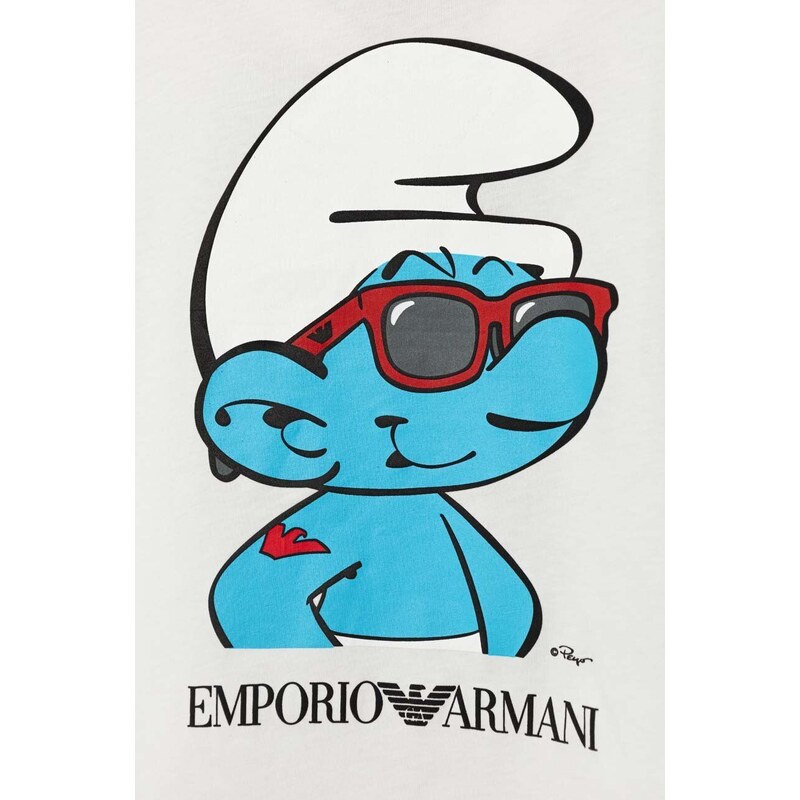 Dětské bavlněné tričko Emporio Armani The Smurfs bílá barva, s potiskem