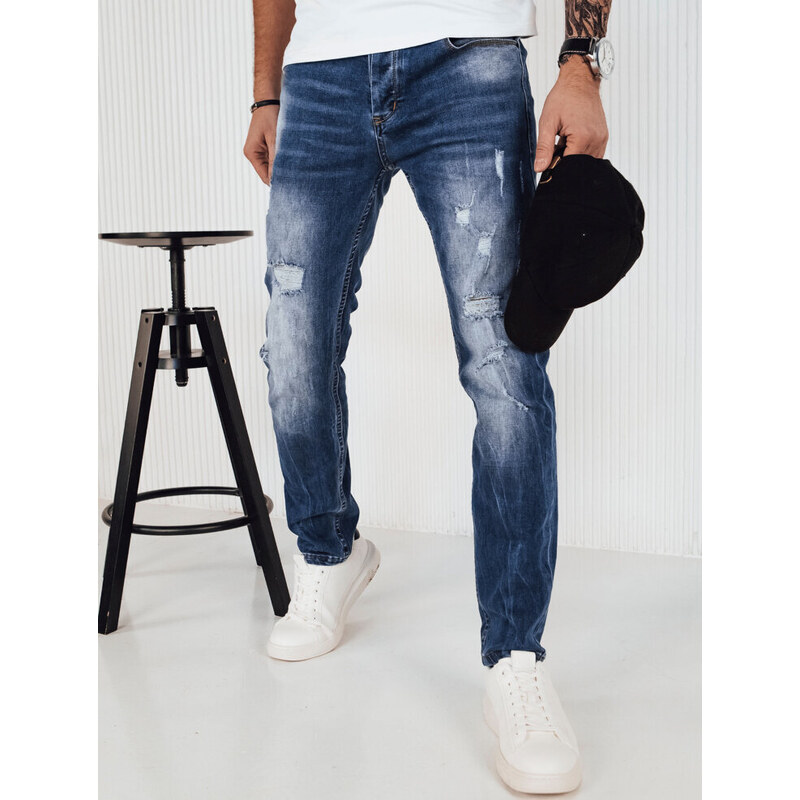 BASIC MODRÉ DŽÍNOVÉ KALHOTY S ODĚRKAMI Denim vzor