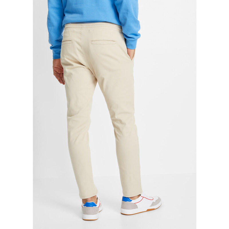 bonprix Strečové chino kalhoty bez zapínání, zkrácená délka, Regular Fit Tapered Béžová