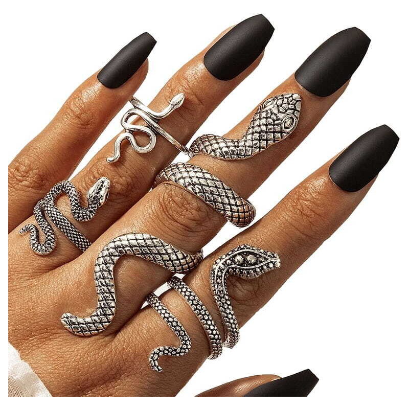 Camerazar Sada stříbrných kovových prstenů z hadí kůže