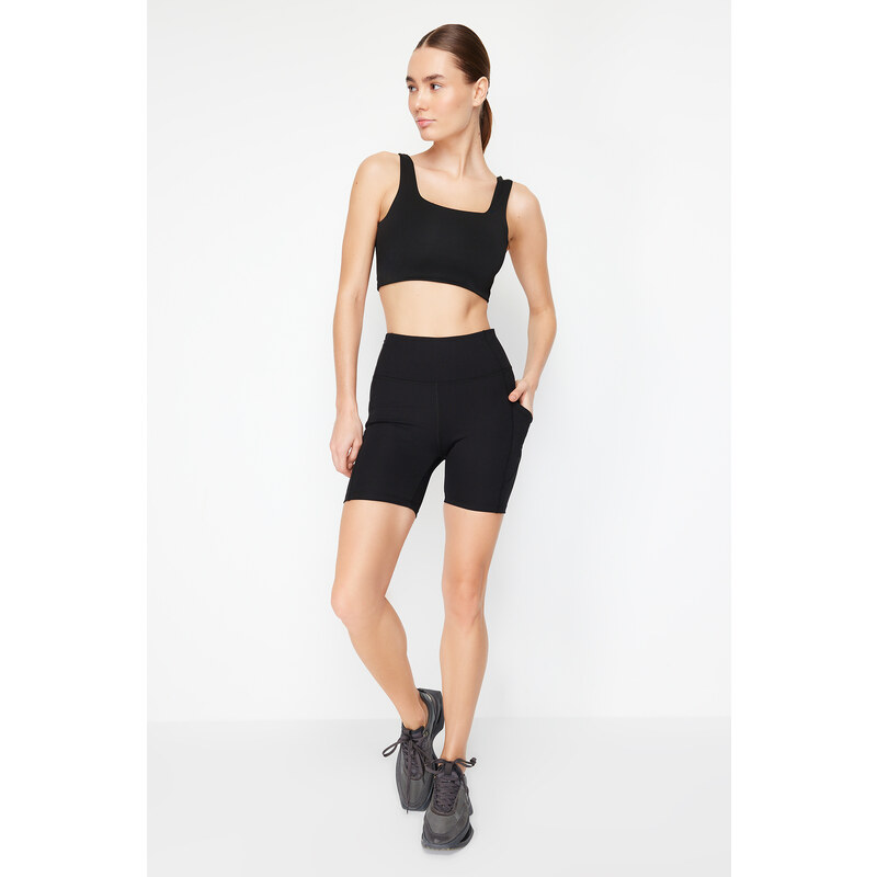 Trendyol Black Ribbed Compression Waist Tulle Detail Knitted Sports Shorts Leggings