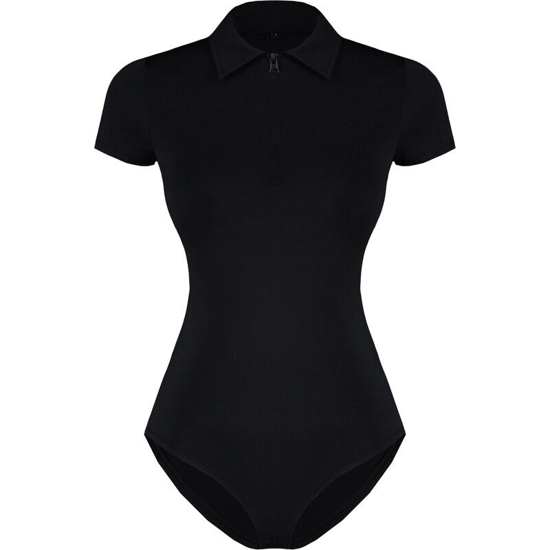 Trendyol Black Fitted/Situated Zipper Collar Snap-On Stretch Knitted Body