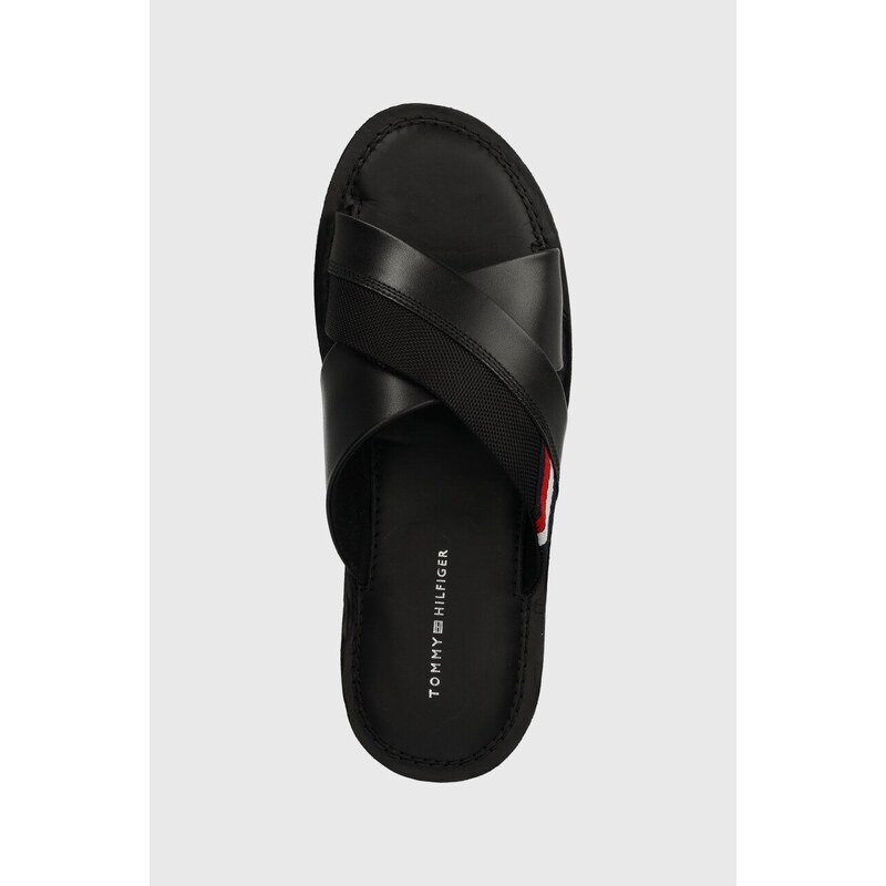 Kožené pantofle Tommy Hilfiger CORE LTH CRISS C SANDAL pánské, černá barva, FM0FM05010