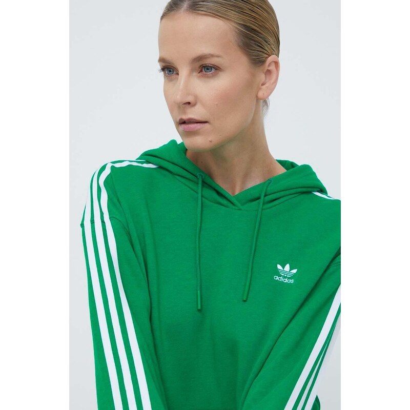 Mikina adidas Originals 3-Stripes Hoodie OS dámská, zelená barva, s kapucí, s aplikací, IN8398