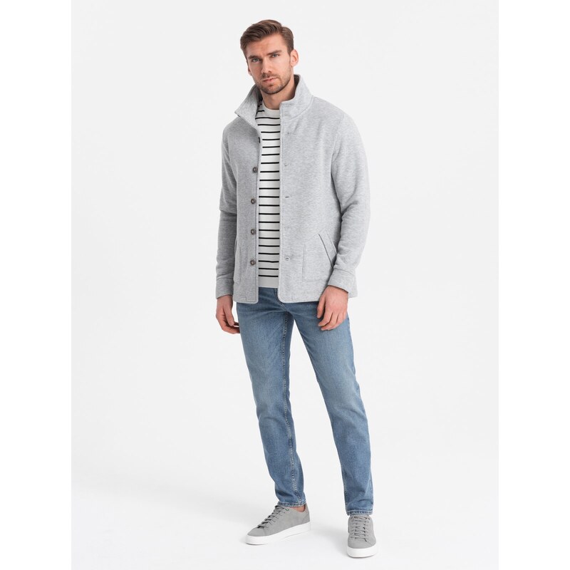 Ombre Men's casual sweatshirt with button-down collar - grey melange