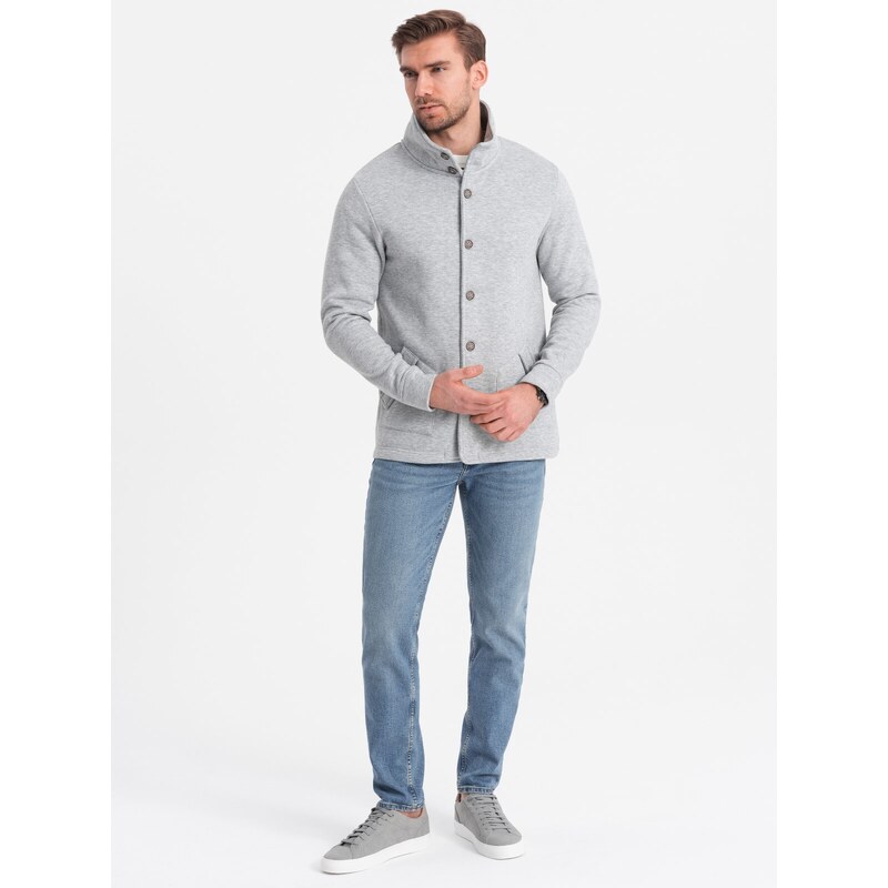 Ombre Men's casual sweatshirt with button-down collar - grey melange