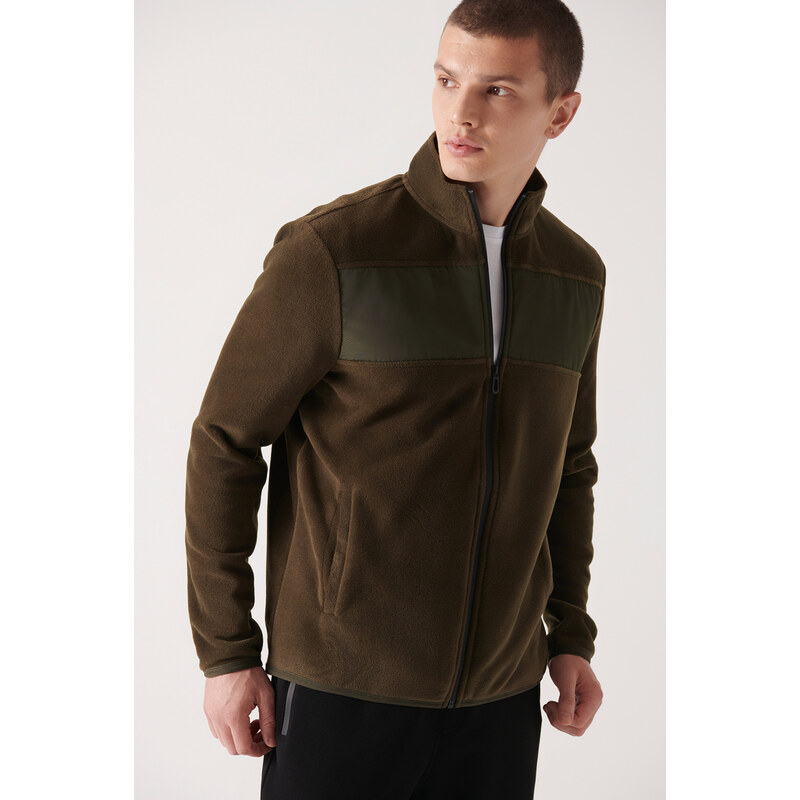 Avva Men's Khaki High Neck Parachute Fabric Detailed Zippered Regular Fit Fleece Cardigan