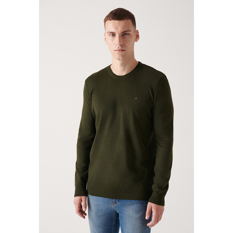 Avva Men's Dark Khaki Knitwear Sweater Crew Neck Non Pilling Regular Fit