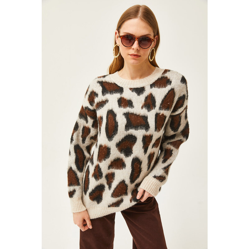 Olalook Women's Ecru Leopard Soft Textured Thick Knitwear Sweater