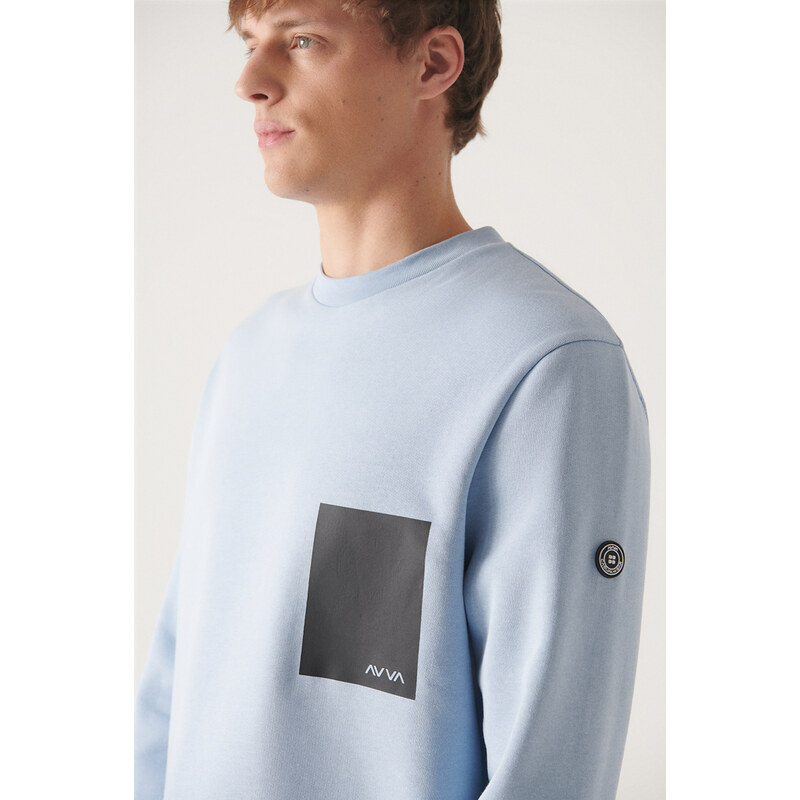 Avva Men's Light Blue Crew Neck 3 Thread Fleece Printed Regular Fit Sweatshirt