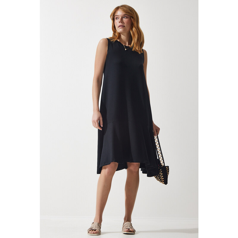 Happiness İstanbul Women's Black Crew Neck Knitted Flounce Bell Dress