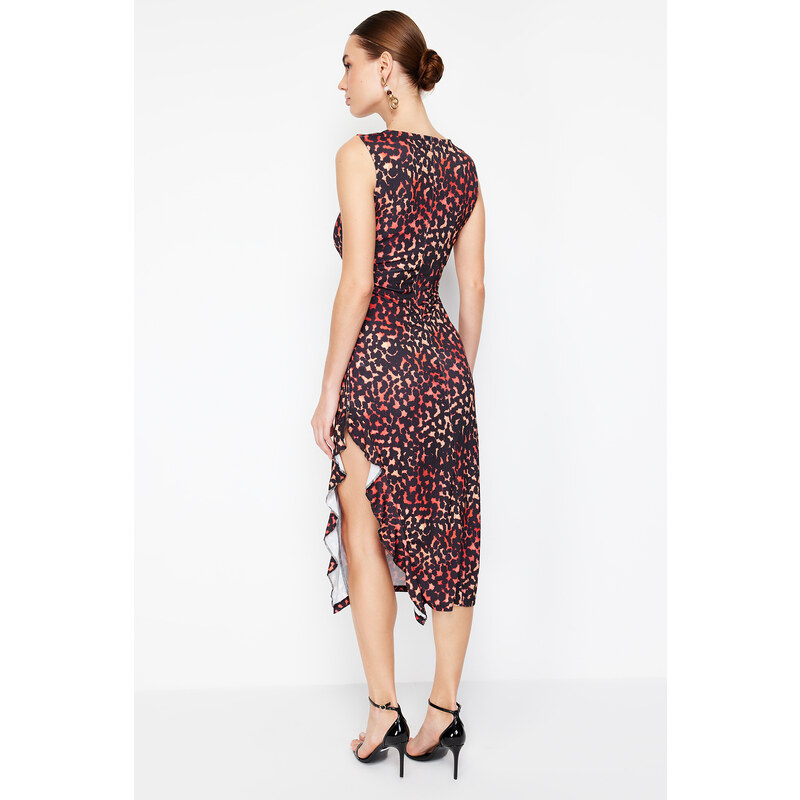 Trendyol Multi-Colored Fitted/Fitted Animal Print Flexible Knitted Maxi Dress