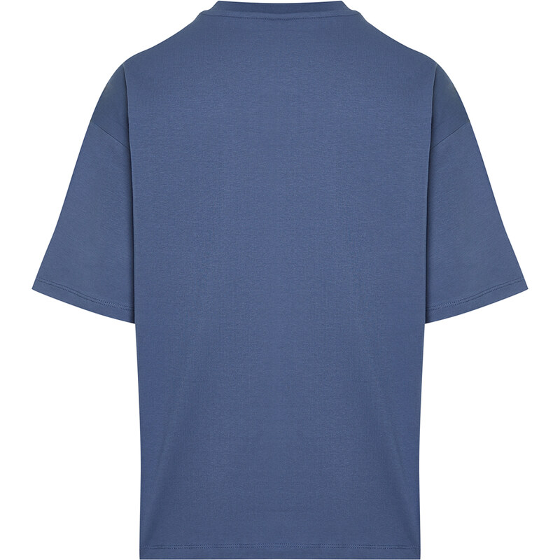 Trendyol Indigo Oversize 100% Cotton Embroidered Text T-Shirt