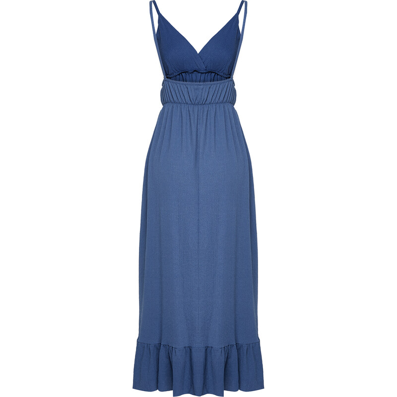 Trendyol Indigo Skirt Frilly V Neck Strappy Maxi Ribbed Flexible Knitted Maxi Dress