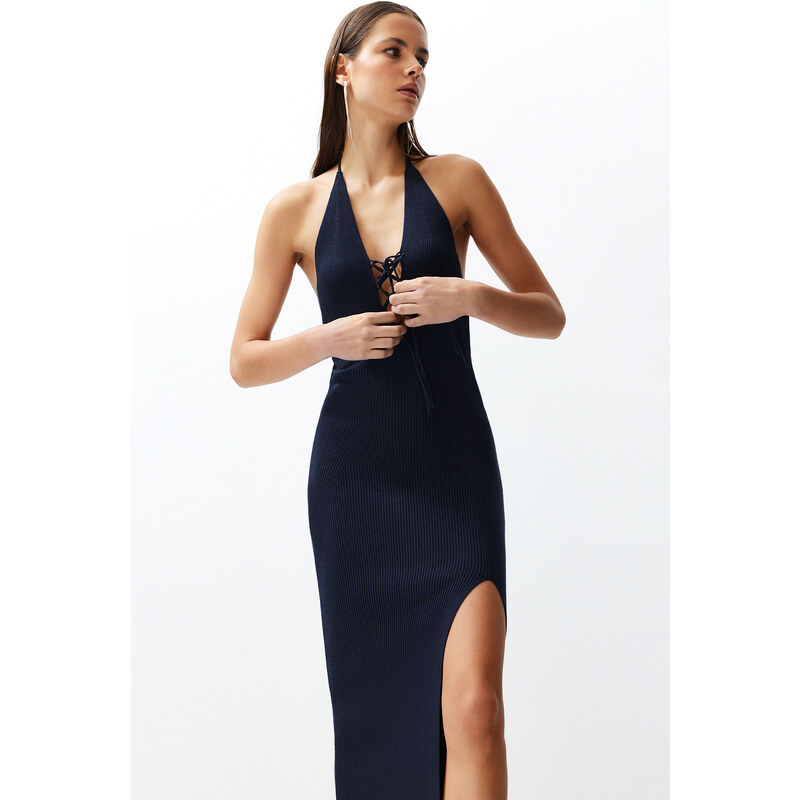 Trendyol Navy Blue Maxi Knitwear Premium/Special Thread Slit Detailed Dress