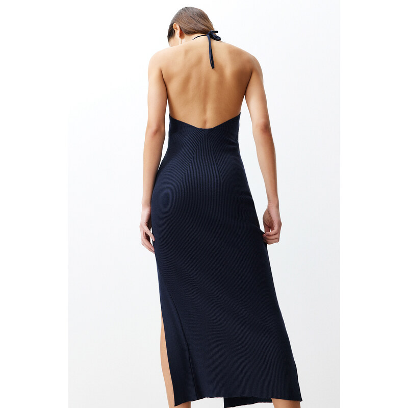 Trendyol Navy Blue Maxi Knitwear Premium/Special Thread Slit Detailed Dress