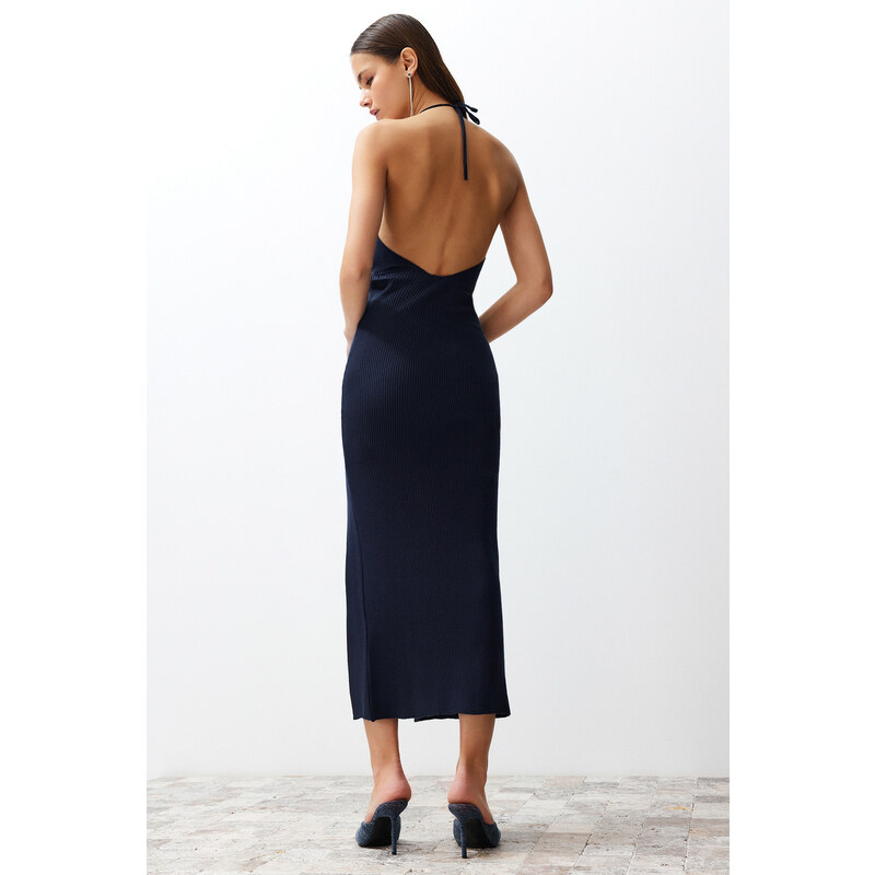 Trendyol Navy Blue Maxi Knitwear Premium/Special Thread Slit Detailed Dress