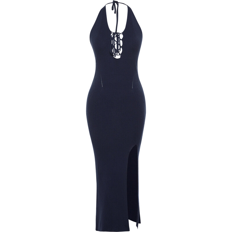 Trendyol Navy Blue Maxi Knitwear Premium/Special Thread Slit Detailed Dress