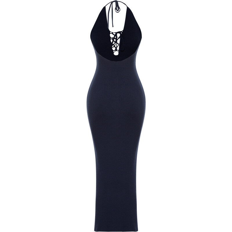 Trendyol Navy Blue Maxi Knitwear Premium/Special Thread Slit Detailed Dress