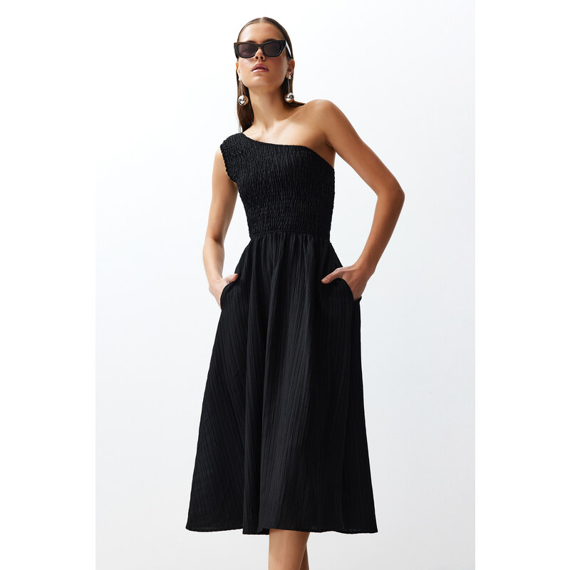 Trendyol Black Waist Opened Gimped Midi Woven Dress