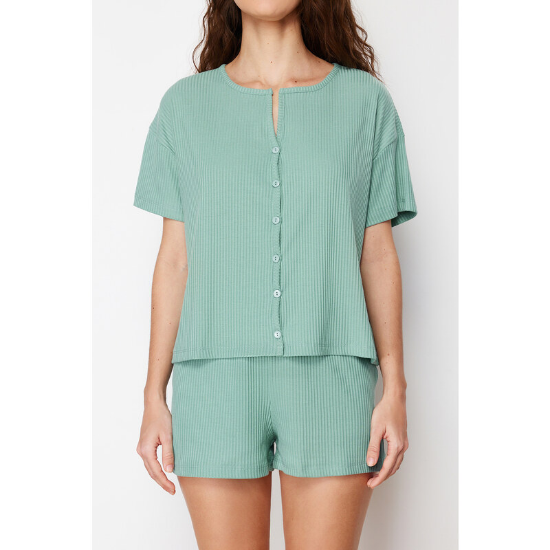 Trendyol Mint Ribbed Knitted Pajamas Set