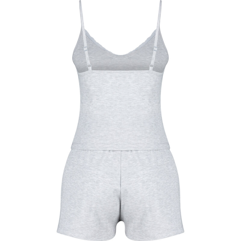 Trendyol Gray Melange Lace Detailed Ribbed Knitted Pajamas Set