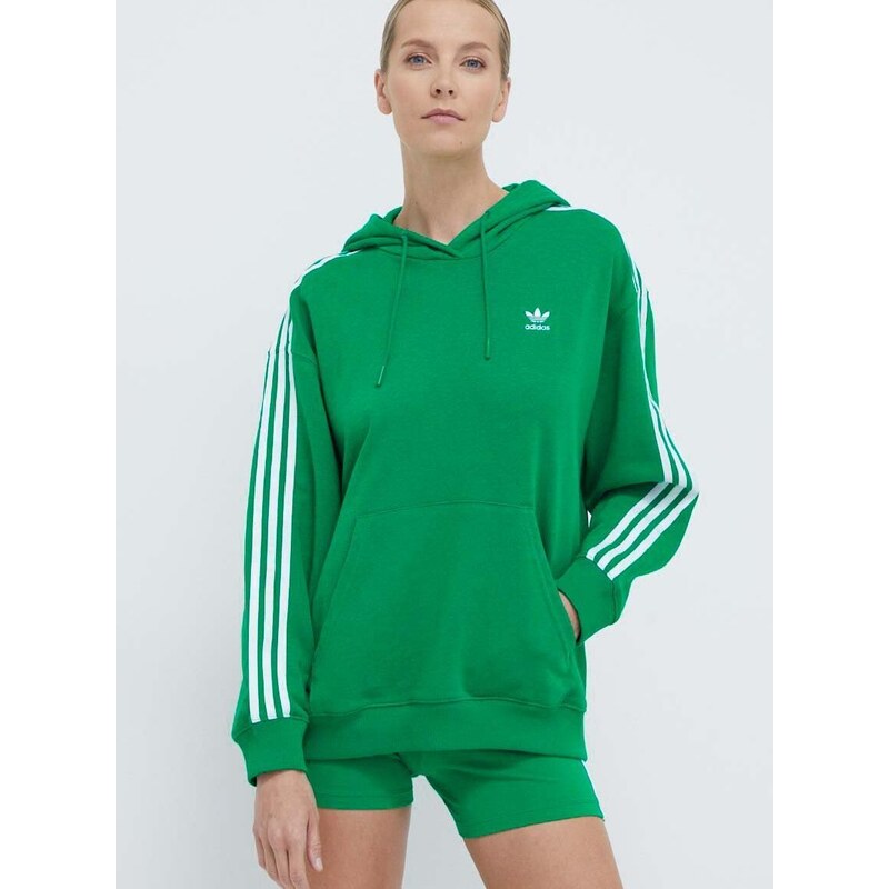 Mikina adidas Originals 3-Stripes Hoodie OS dámská, zelená barva, s kapucí, s aplikací, IN8398