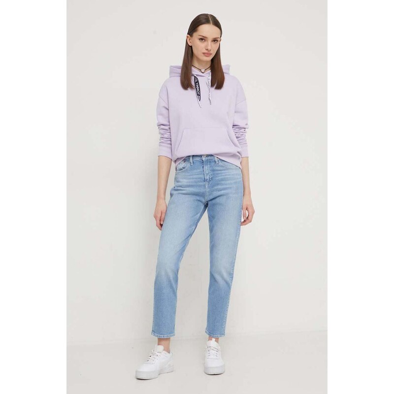 Mikina Tommy Jeans dámská, fialová barva, s kapucí, hladká