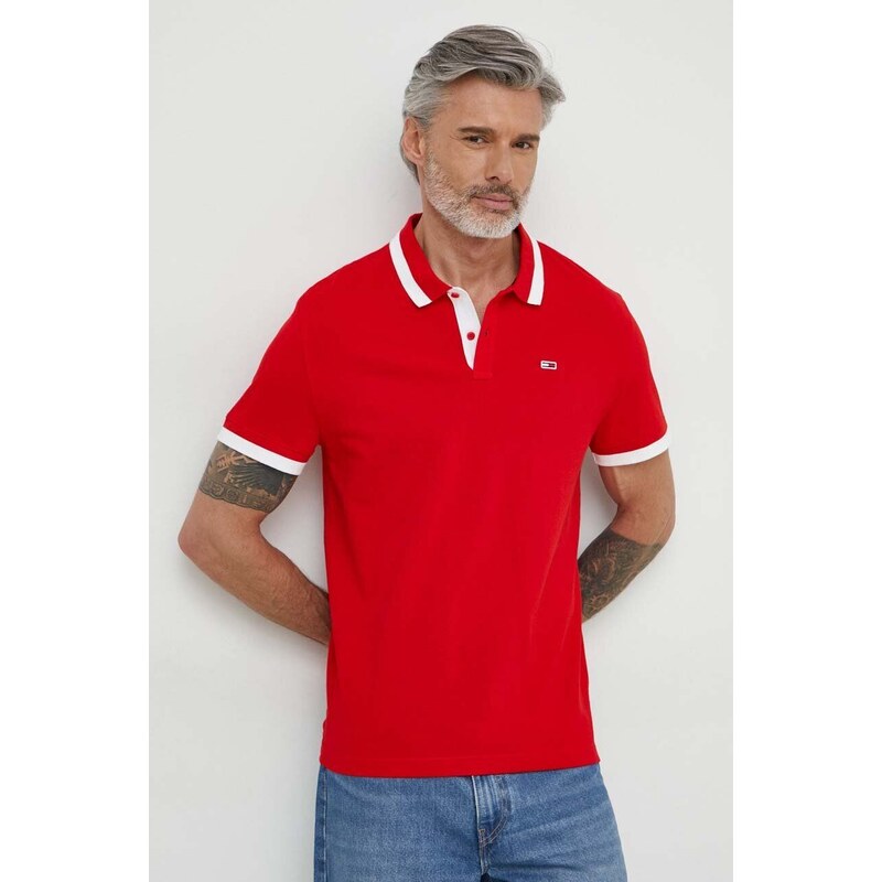 Bavlněné polo tričko Tommy Jeans červená barva, s aplikací
