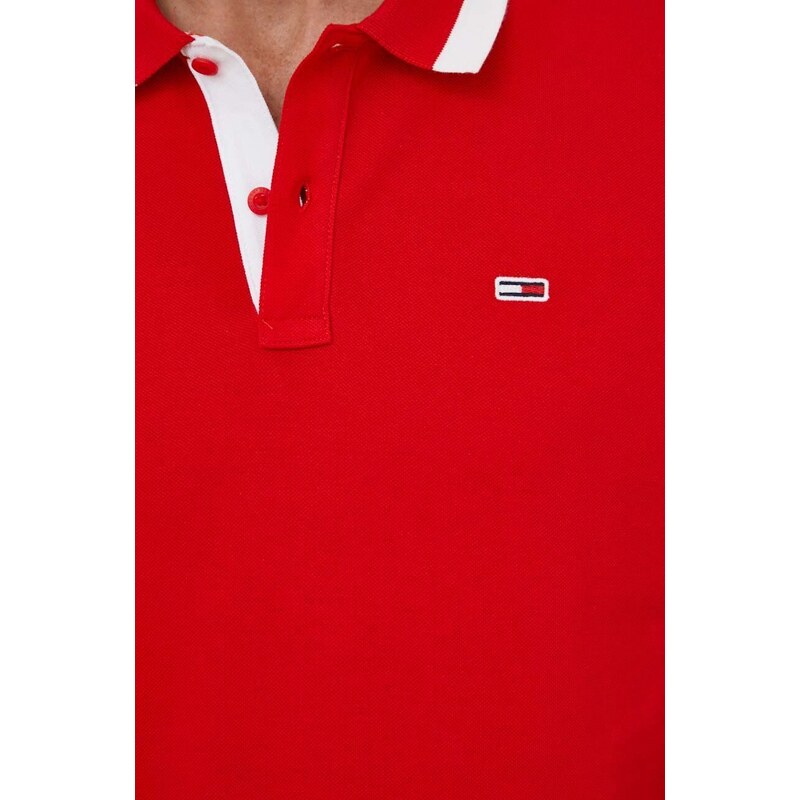 Bavlněné polo tričko Tommy Jeans červená barva, s aplikací