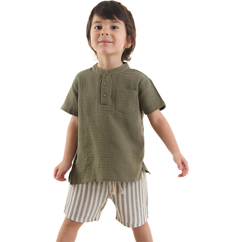 Denokids Baby Boy Green Muslin Shorts Shirt Suit