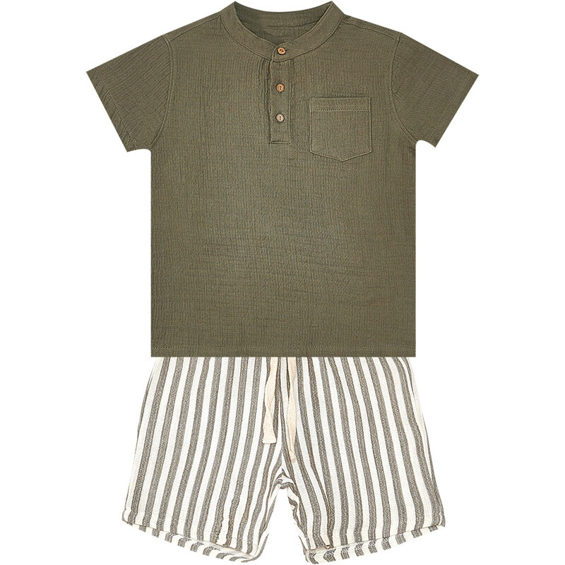 Denokids Baby Boy Green Muslin Shorts Shirt Suit