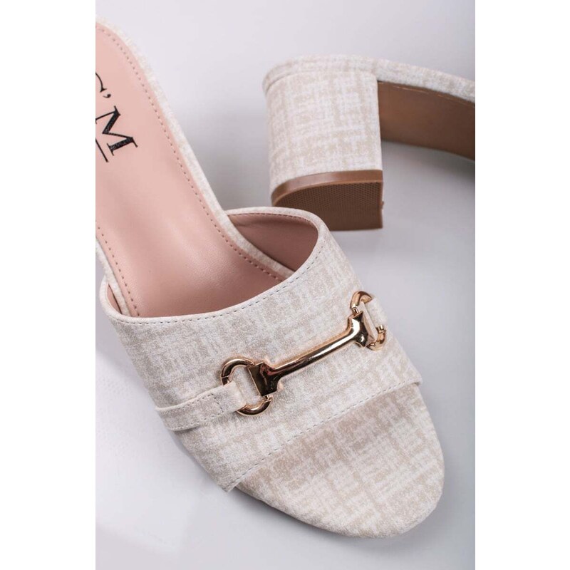 C’M Paris Béžovo-bílé pantofle na hrubém podpatku Sania